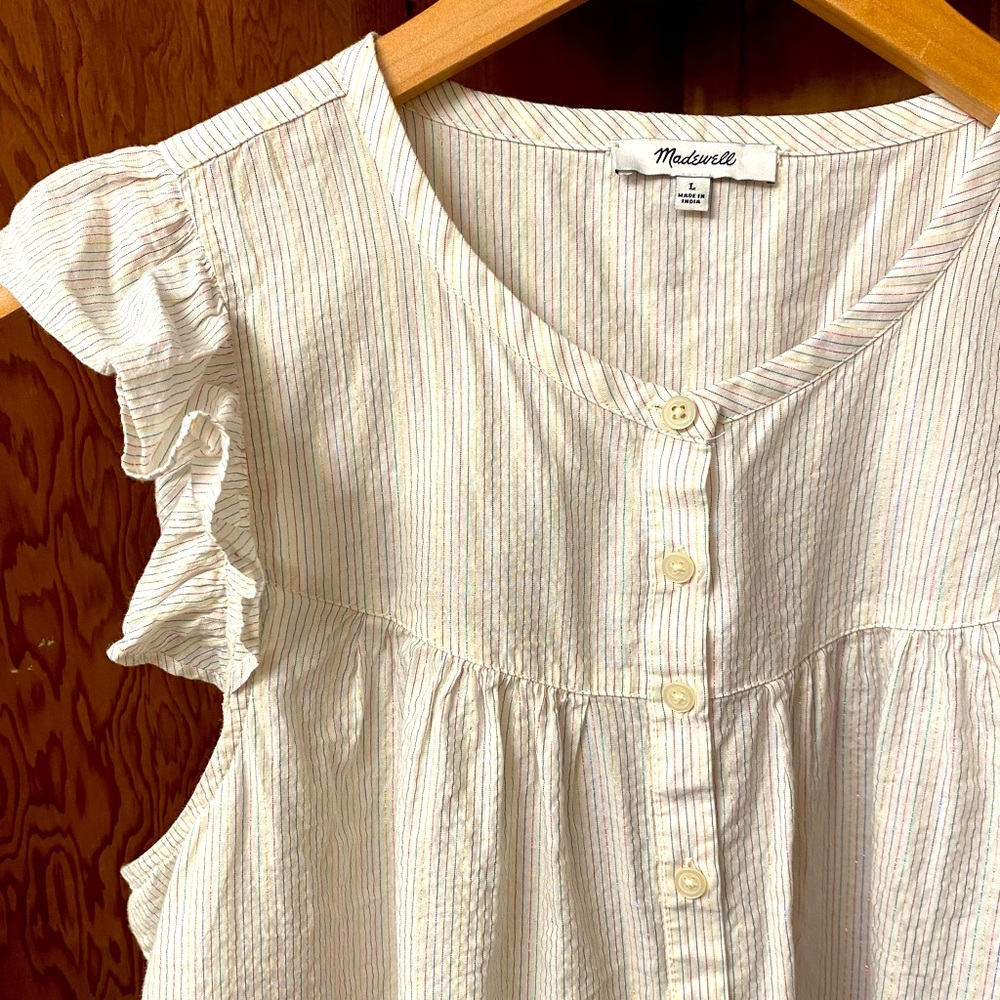 Madewell bib blouse, L, white w metallic stripe